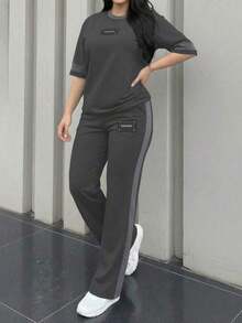 2pcs Women's Spring/Autumn Round Neck Short Sleeve T-Shirt And Elastic Waist Loose Pants Set, Casual Daily Wear Summer - Dark Gray 23 - View 3