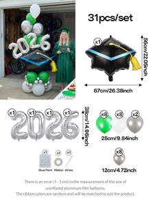 31pcs/Set 2026 Graduation Party Decoration Balloon Set, 4 Color Schemes (Red, Blue, Purple, Green) - Giant Graduation Cap Foil Balloon + 16-Inch Silver Letter Slogan Balloons (2026) | Graduation Ceremony, Graduation Photo, Graduation Banquet, Campus Event, Anniversary Decoration, 2026 Graduation Party Decor - Xem 13