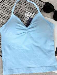 Women's Yoga Sports Bra Sleeveless Cropped Activewear Top, Elastic Fitness Workout Top, Breathable - Baby Blue - Xem 9