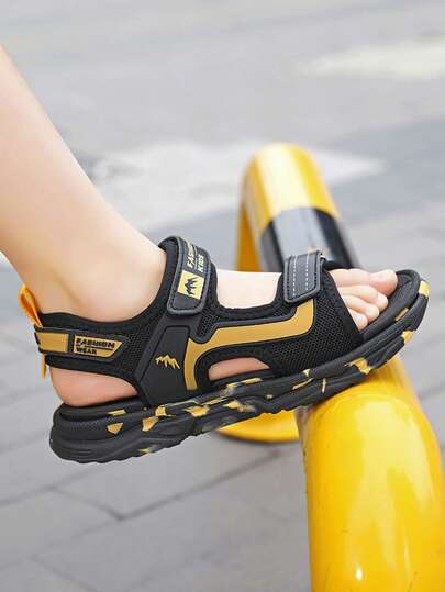 1 Pair Kids' Open Toe Sandals, Summer Breathable Beach Shoes With Hook And Loop Strap Design, Lightweight Sports Style Suitable For Beach And Casual Occasions