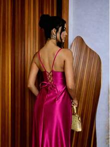 Women's Long Dress With Slit For Graduation, Party, Wedding, Bridesmaid, Or Guest - Rose Red - View 2