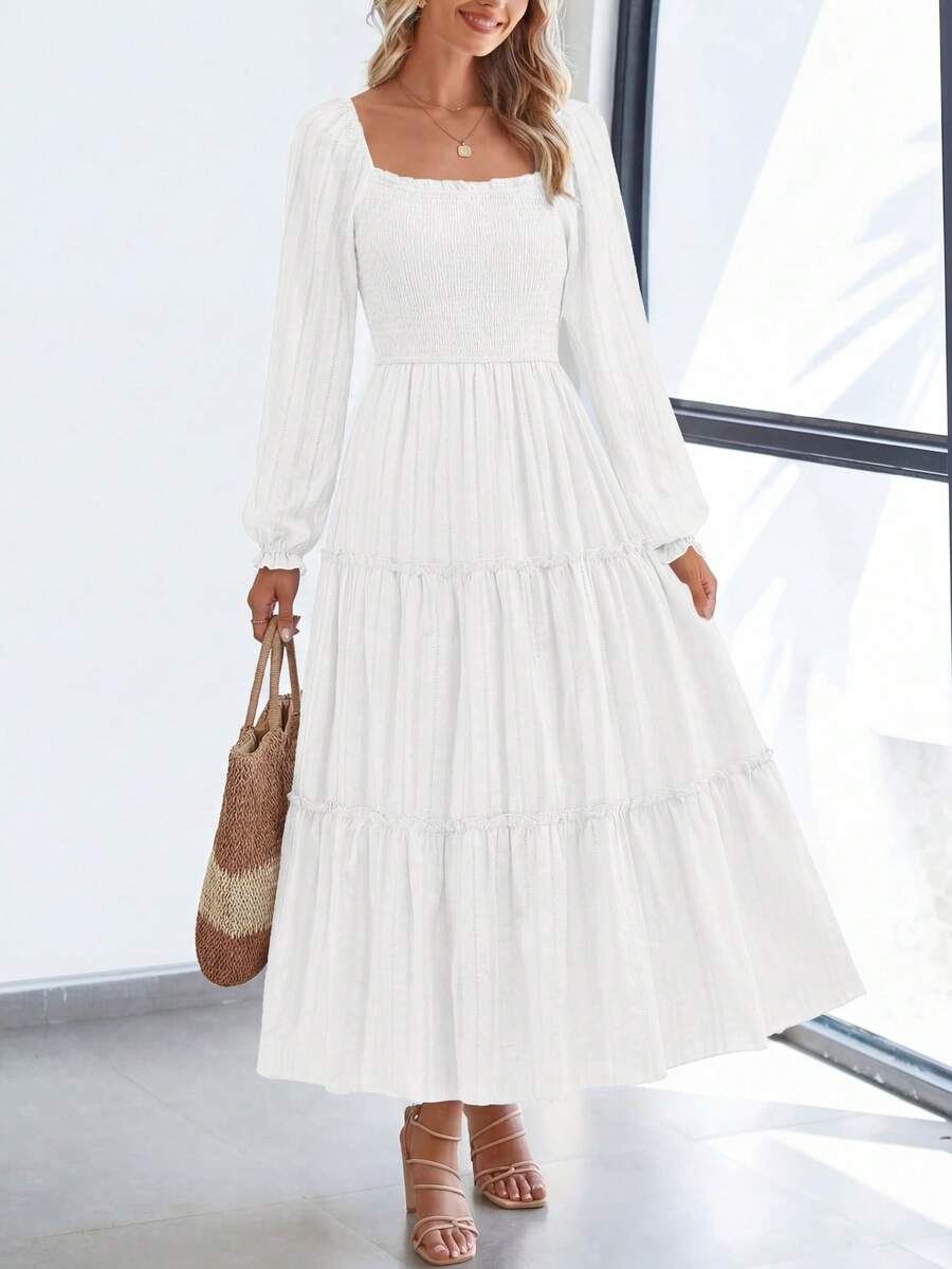 Women Elegant Maxi Dresses For Fall Boho Long Sleeve Smocked A Line Ruffle Wedding Guest Holiday Party Long Dress With Pockets New Years Valentine Vacation Spring Dresses For Women Vestidos Elegantes De Mujer - 白色 - 查看 1