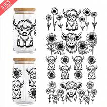 4张奶牛与花朵UV DTF转印贴纸，适用于16盎司Libbey玻璃杯（9.4x4.3英寸），可爱纯黑色奶牛与花朵防水贴纸，无需加热 - 牛花 - 查看 1