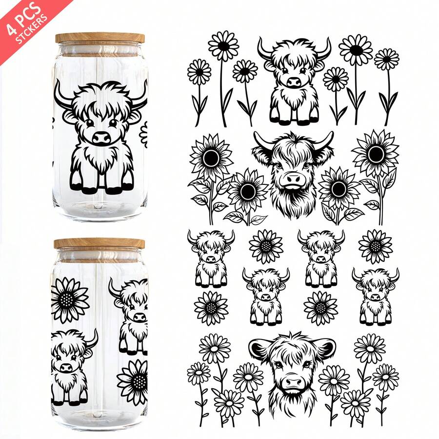 4张奶牛与花朵UV DTF转印贴纸，适用于16盎司Libbey玻璃杯（9.4x4.3英寸），可爱纯黑色奶牛与花朵防水贴纸，无需加热 - 牛花 - 查看 1