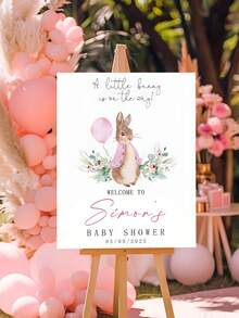 1pc Customized Baby Shower Welcome Sign, With Personalized Name And Date - Cute Rabbit And Floral Pattern, Soft Pink And Green Tones, Suitable As Gift For Birthday, Shower, Gender Neutral Party - Multicolor - View 2