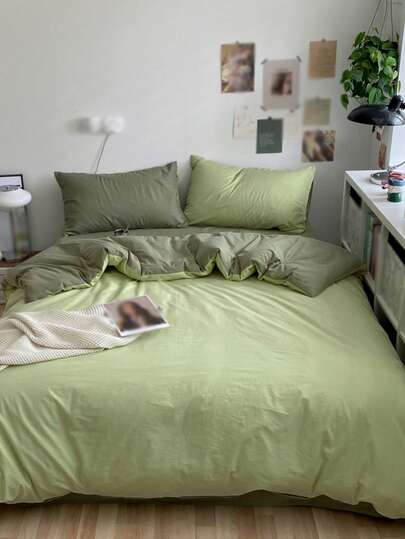 新款纯色拼接北欧风简约涤纶被套三件套