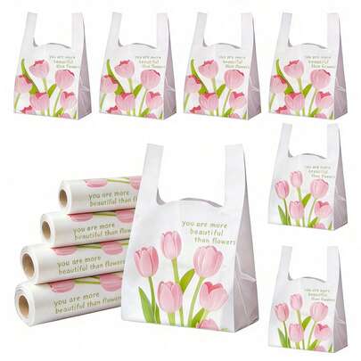 50个粉色花卉图案塑料袋，加厚礼品袋，郁金香印花塑料手提袋，粉色T恤袋，时尚花卉图案手提袋，粉色花卉一次性塑料T恤袋，时尚购物袋，情人节装饰，节日派对用品，赠品袋，母亲节礼物包装袋，奶茶便捷袋，婚礼派对用品，情人节礼物袋，情人节派对用品