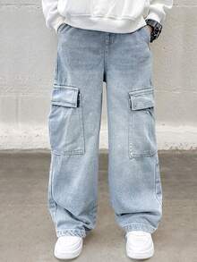 男童新款时尚浅蓝色直筒宽松休闲工装牛仔裤，百搭阔腿牛仔裤，适合大龄儿童 - 藍色 - 查看 2