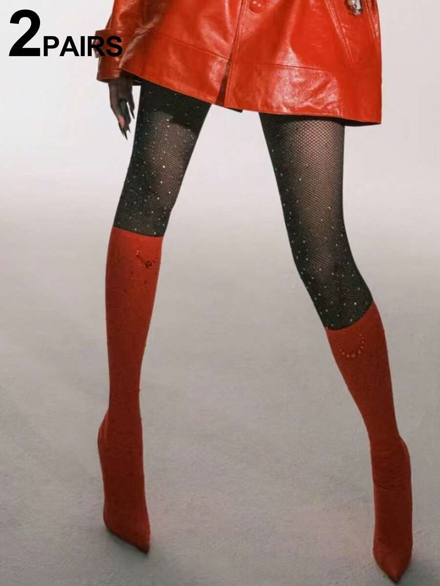 2pcs Sexy Rhinestone Fishnet Stockings, Thin Sheer Glitter Mesh Tights - Multicolor - View 1