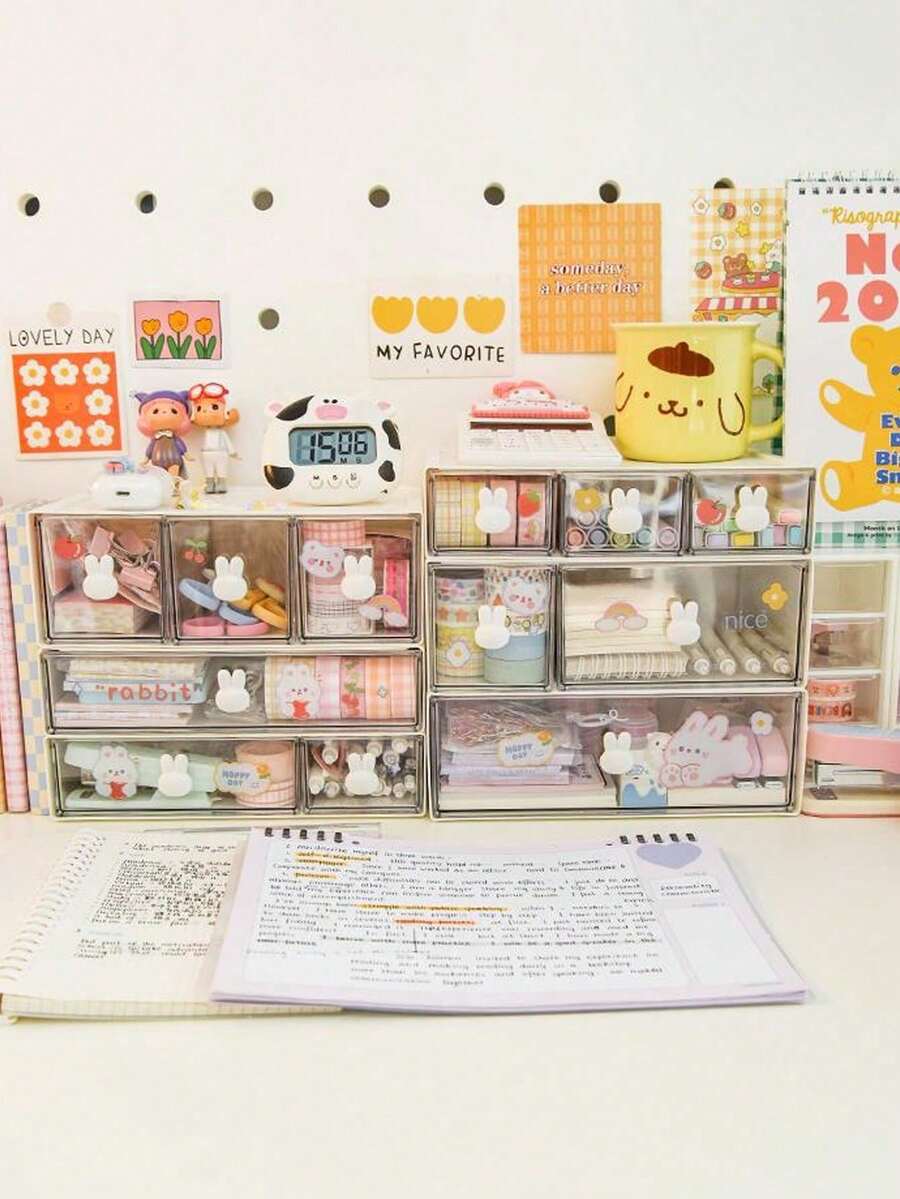 1个桌面文具收纳盒,多隔层抽屉式笔筒,办公/学生用品收纳 - 白色 - 查看 1