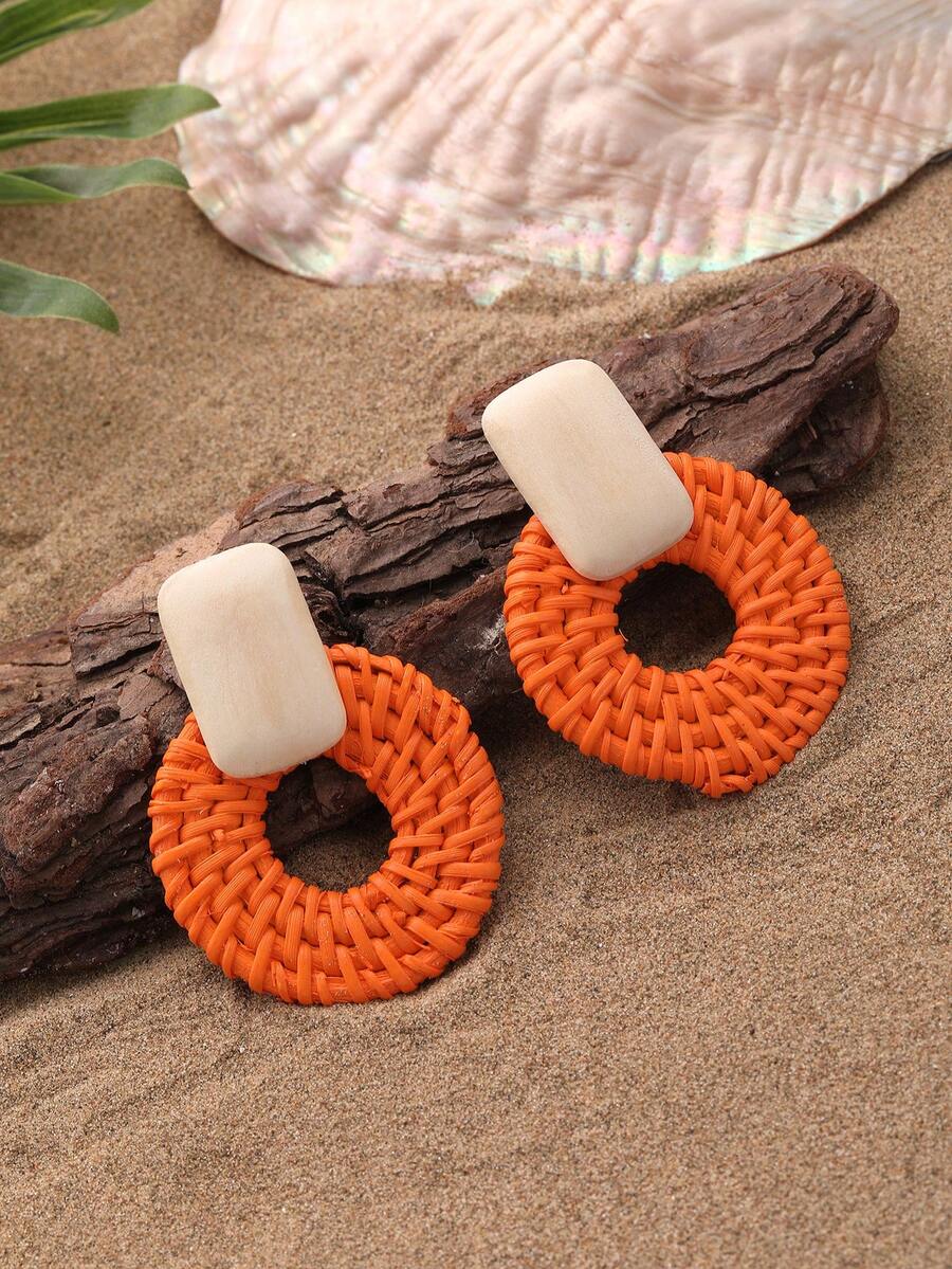 1 Pair Handmade Rattan Woven Hollow Round & Rectangular Natural Wood Earrings, Suitable For Vacation, Party, And As Souvenir, Actual Size May Vary Slightly Due To Handcrafted Nature - Orange - View 1