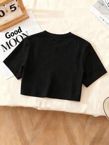 少女字母雏菊印花短袖T恤，休闲时尚新款 - 黑色 - 查看 2