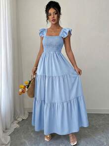 Summer Square Neck Backless Smocked Dress Women's Sleeveless Ruffle Trim Tiered Cami Midi Beach Vacation Dress - Màu xanh nhạt - Xem 5