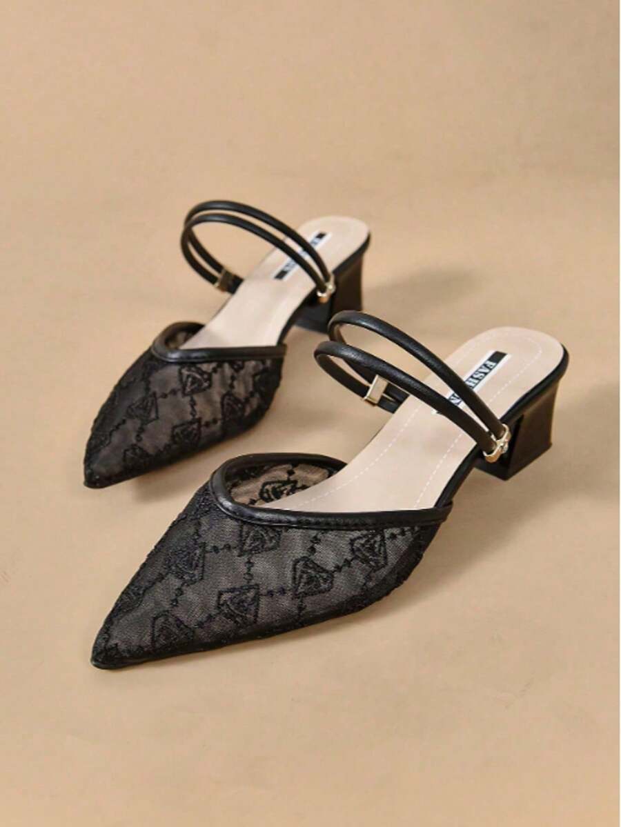 New Mesh Pointed Toe Chunky Heel Sandals Mules Two-Way Wear Pumps,Summer Outfits