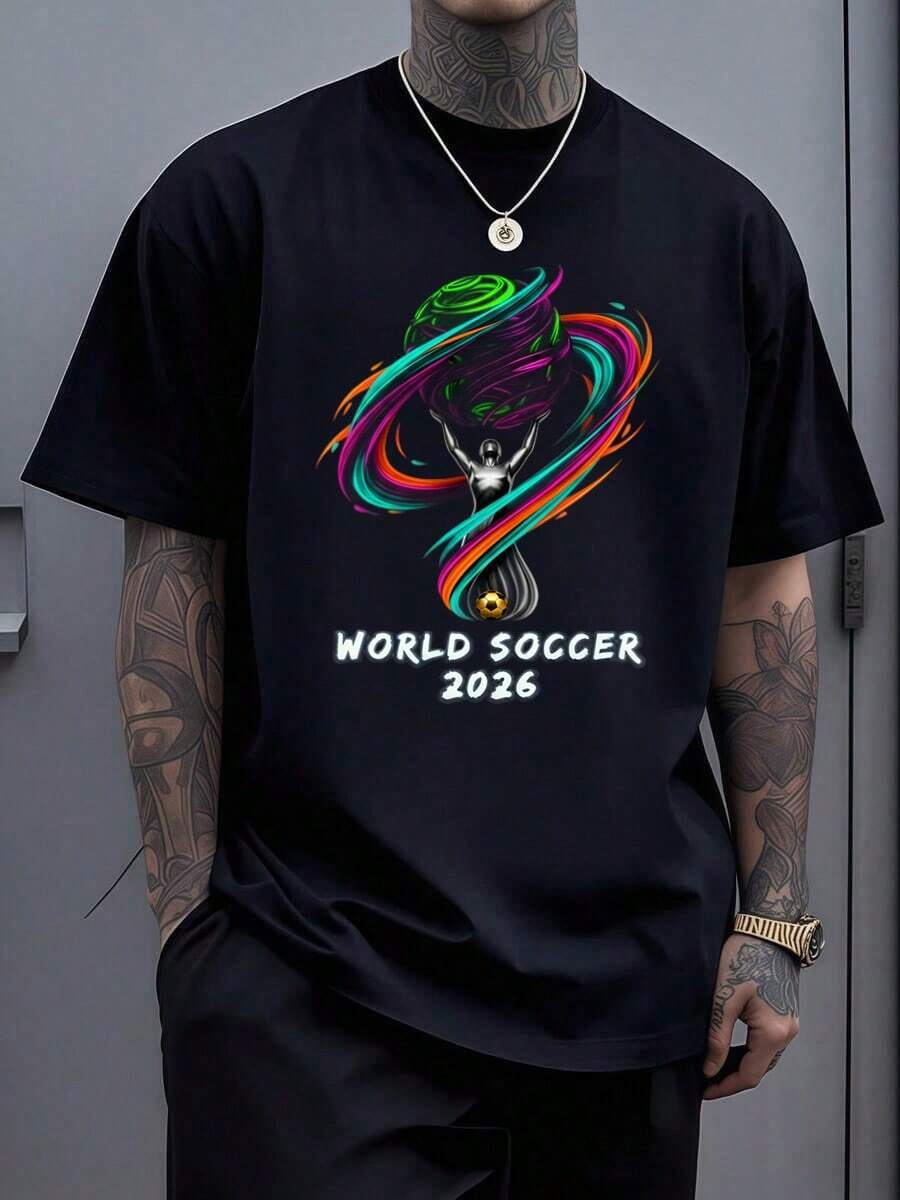 Men'S Soccer Ball & 2026 FIFAs WORLD CUP Graphic T-Shirt - Lightweight Breathable Fabric, Regular Fit Crew Neck Short Sleeve Casual Sportswear For, Training, Soccer Shirt, Athletic Apparel, Sporty Design, Comfortable Fit, Athletic WearRelaxed T-Shirt,Men Pure Cotton Soccer Players Soccer USA Team Graphic Sports Soccer Round Neck Short Sleeved Casual T-Shirt - 黑色5 - 查看 1