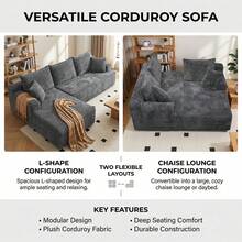 96'' Plush Modern L-Shaped Cloud Sectional Sofa Corduroy Cloud Velvet Modular Couch With Chaise, No Assembly Required Sectional Sofa Living Room Furniture - 深灰色 - 查看 2
