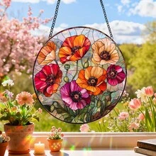 1件彩绘玻璃阳光捕捉器装饰品，圆形，图案包括蜂鸟、罂粟花、红雀和蓝色花朵。 - 掛飾 - 查看 10