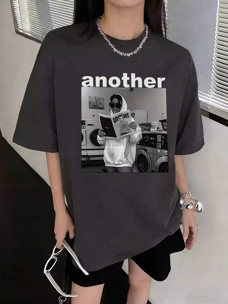 日系女式宽松圆领短袖字母印花T恤，春夏款 - 深灰色 - 查看 1