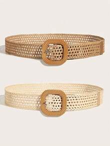 2pcs Boho Hollow Woven Women's Belt Set, Beige And Khaki Mesh Belt Combination, Suitable For Dresses, Casual Wear, Beach Parties, Vacations, Gatherings, Festivals, Music Events, Summer - A - View 1