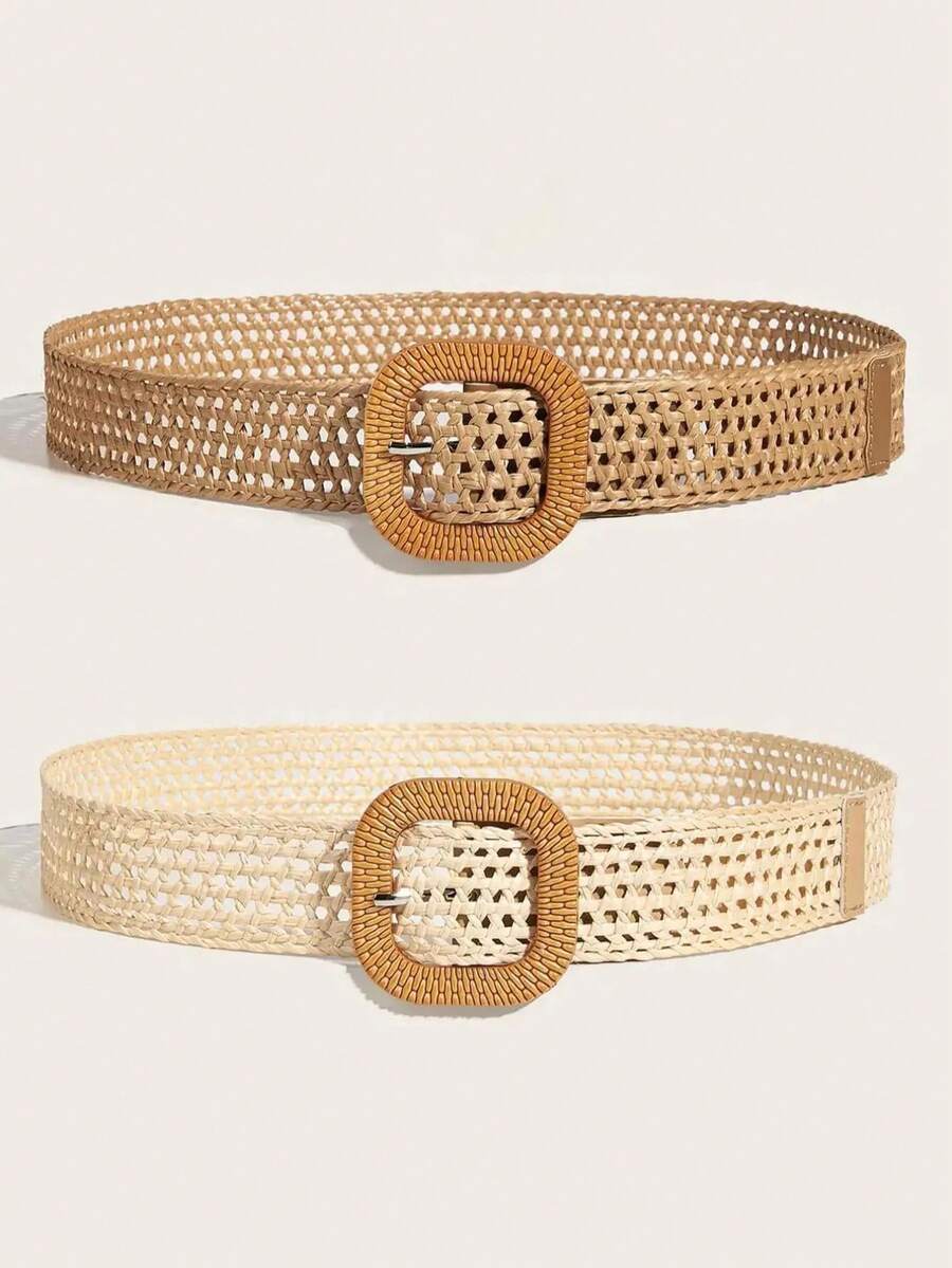 2pcs Boho Hollow Woven Women's Belt Set, Beige And Khaki Mesh Belt Combination, Suitable For Dresses, Casual Wear, Beach Parties, Vacations, Gatherings, Festivals, Music Events, Summer - A - View 1
