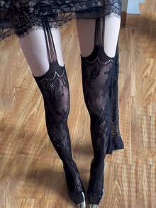 1双性感宝贝黑色吊袜带，系带设计，独特亚文化系带图案，过膝Y2K渔网袜 - 黑色 - 查看 1