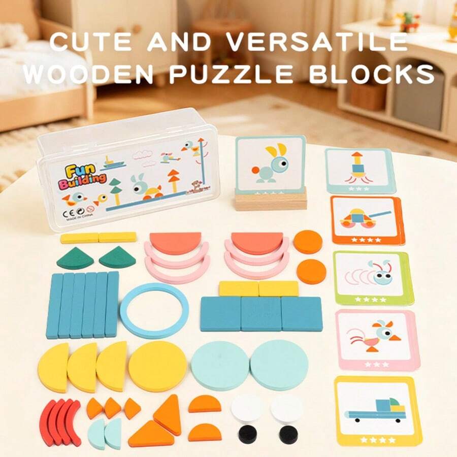Children's Wooden Fun Building Blocks Toy, Geometric Cognitive Educational Puzzle Toy