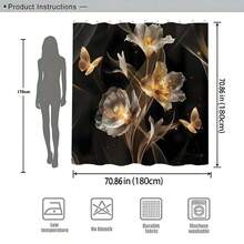 "Luxury Black Gold Butterfly Floral Shower Curtain, Glittering Crystal Butterfly With Golden Flower Pattern On Black Background Waterproof Polyester Curtain With 12 Hooks, Glamorous Gothic Bathroom Decor, High-End Home Restroom Decoration Gift For Women" - Black Gold - View 3