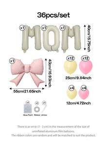 36件套母亲节派对装饰，包括16英寸奶油色“MOM”字母铝箔气球、21英寸粉色哑光蝴蝶结铝箔气球和10英寸粉色及马卡龙黄色乳胶气球，适合母亲节惊喜装饰，表达“我爱妈妈”的祝福。 - 款式1 - 查看 3