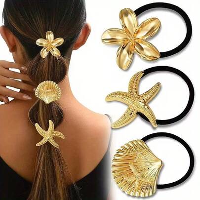 3pcs Flower & Starfish Double-Sided Design! Gold Hair Tie & Hair Scrunchie, Exquisite Orchid Pattern, Suitable For Ponytail Hairstyle, Perfect Gift For Holidays Hair Elastics Hair Rubber Bands Hair Rope Beauty Home Hair Accessories