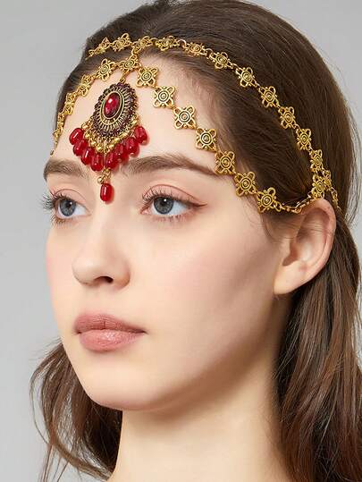 1pc Retro Bohemian Style Women's Metal Headchain, Colorful Beaded Tassel Forehead Chain, Suitable For Party, Holiday, Vacation Wear