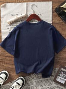 1 件青少年女孩休闲印花短袖 T 恤、夏季上衣、学生服装 - 藏蓝色 - 查看 3