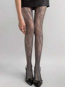 1pc Floral Fishnet Stockings, Y2K Baddie Aesthetic Black Mesh Tights, Pair With Thigh High Boots - Multicolor - View 18