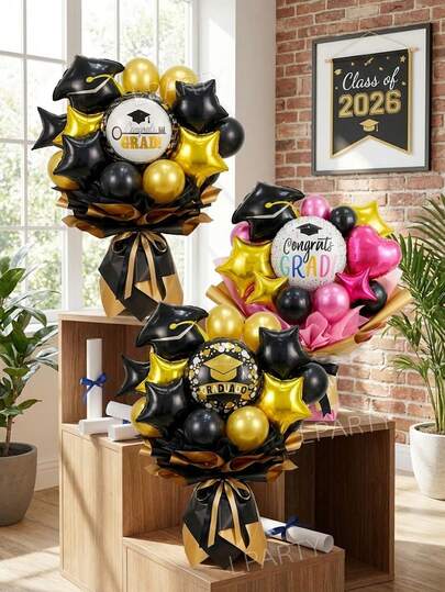 16pcs/Set Graduation Party Decorations Balloons, 3 Style Balloon Bouquets, Graduation Cap Shape Foil Balloons, 18" Round "Congrats Grad" "You Did It" Foil Balloons, 10" Gold/Black Star Balloons, 10" Gold, Black, Pink Latex Balloons, Suitable For Class Of 2026 Graduation Party Decor, Grad 2026, Perfect For Graduation Ceremony, Graduation Celebration And 2026 Graduation Party Decorations.