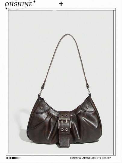 1pc PU Leather Women's Handbag, Versatile Retro Small Bag, Fashionable Crescent Bag, Y2K Baddie Bag, Shoulder Underarm Bag, Crescent Bag, Burgundy Color Purse, Wine Red Handbag