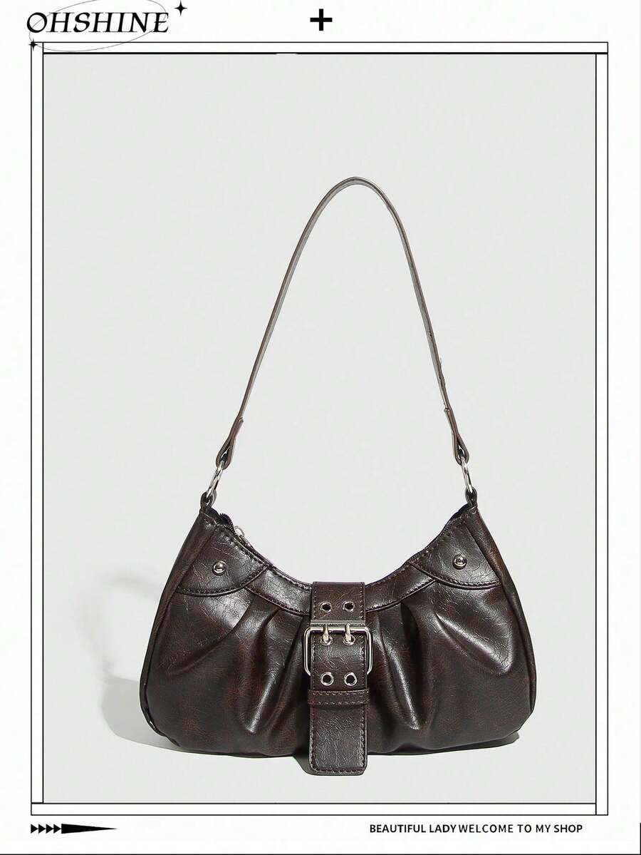 1个PU皮革女士手提包，百搭复古小包，时尚新月包，Y2K潮包，单肩腋下包，新月包，酒红色钱包，酒红色手提包 - 咖啡 - 查看 1