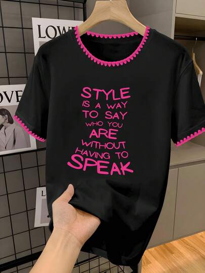 Plus Size Women Black Round Neck Short Sleeve Fashion T-Shirt - Soft And Breathable, Suitable For Summer And Spring, Casual, Vacation, Daily Wear - Plus Size Women Regular Printed T-Shirt