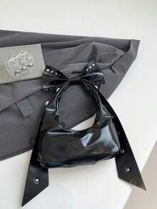 Black Retro Studs Bowknot Decoration Soft Leather Shoulder Bag, Large Capacity 2-In-1 Crescent Bag, Suitable For Work, Casual, Travel, Shopping, Dating, Gift For Young Women, College Students, Office Ladies - 黑色 - 查看 10
