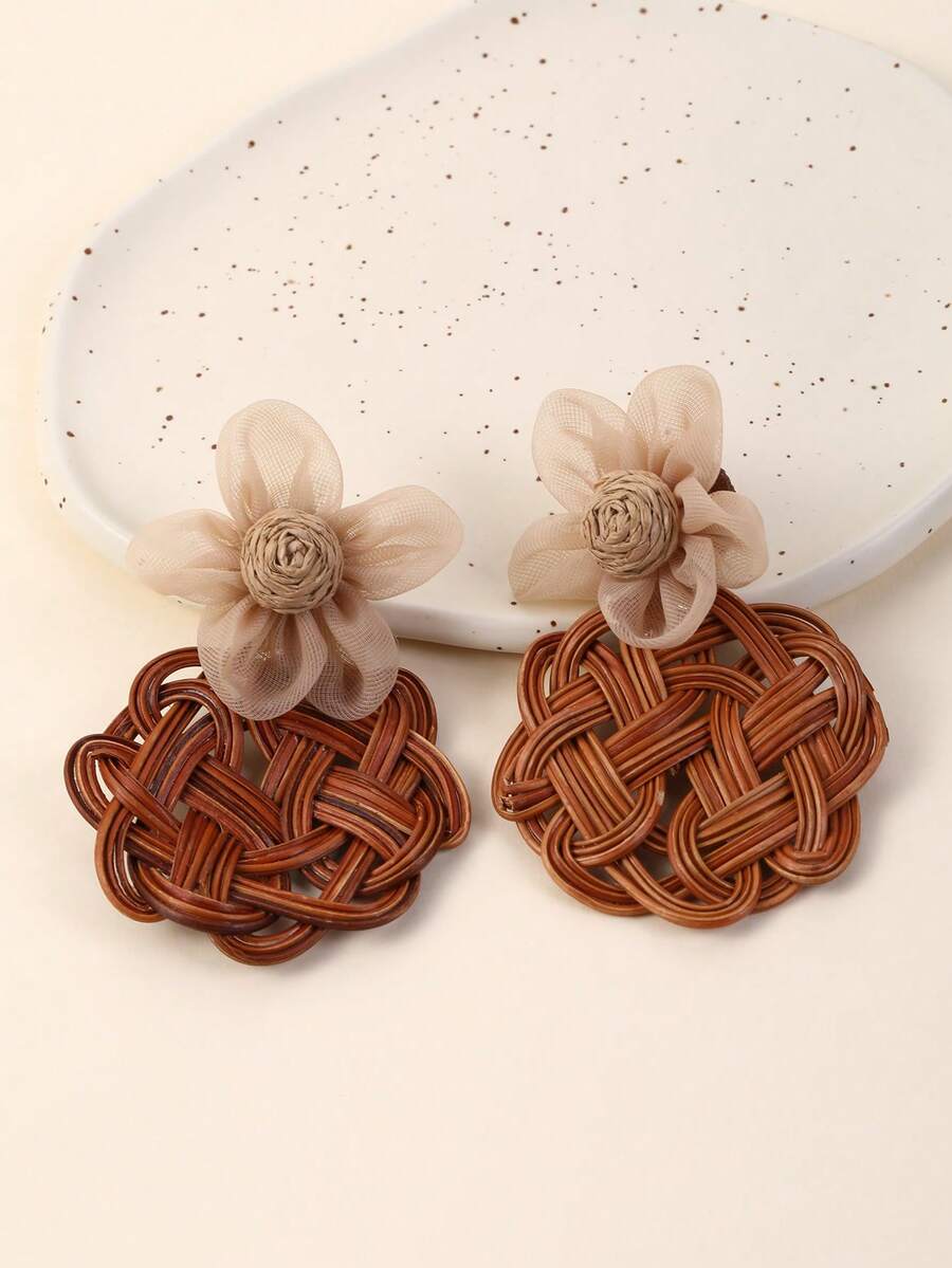 1 Pair Handmade Unique Fashion 5-Petal Flower & Large Chinese Knot Pendant Earrings, Mauve Color Scheme, Exaggerated Design, Versatile For Vacation, Party, Gift - Brown - View 1