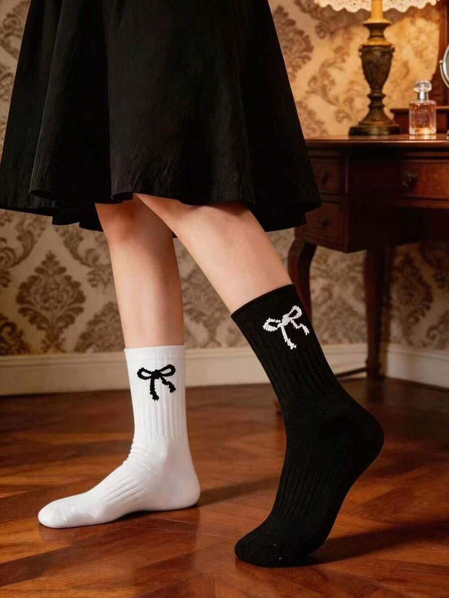 7 Paar Damen atmungsaktive Schleifchen Crew Socken, mit elegantem Schleifen Muster Stoff - weich & hautfreundlich, modische atmungsaktive Mittelhoch Sportssocken, geeignet für Outdoor-Leisure - Verschiedenfarbig - Übersicht 1