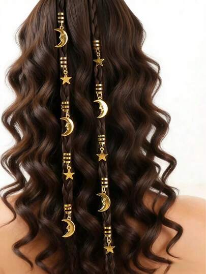 10pcs Gold Color Women Dreadlock Beads, Star & Moon Hair Clips, Gold Moon Hair Accessories, Suitable For Festivals, Festival, Claw Clips, Hair Slide