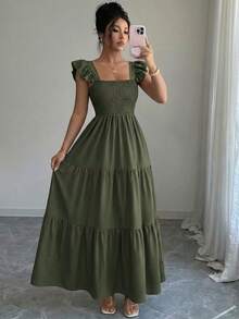 Vestido de verano con cuello cuadrado, espalda descubierta y fruncido, sin mangas, con volantes y diseño escalonado, estilo cami midi, para playa y vacaciones. - Verde militar - Ver 3
