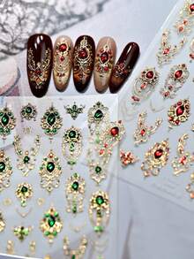 1 Peça Adesivos de Unha Cetro Barroco Vintage Vermelho/Verde, Decalques de Unha com Colar de Coroa de Pedras Preciosas Luxuoso, Adesivo de Manicure Elegante Autoadesivo - Multicolorido - Visão 7