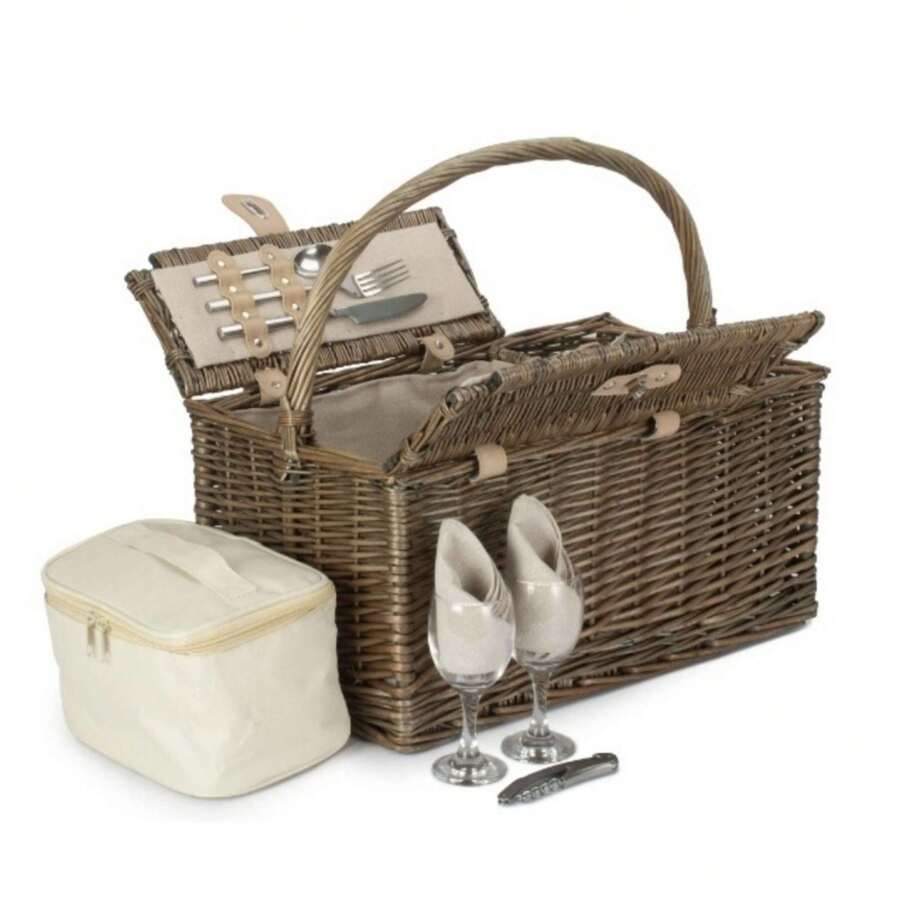 Red Hamper Deluxe Retro Double Lidded Fitted Wicker Picnic Basket - Brown - View 1