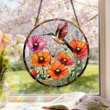 1件彩绘玻璃阳光捕捉器装饰品，圆形，图案包括蜂鸟、罂粟花、红雀和蓝色花朵。 - A - 查看 4