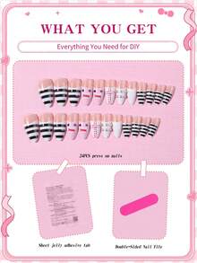 SANRIO Bộ 24 miếng dán móng tay kiểu Y2K 3D hình hạnh nhân dài, sọc hồng trắng, kiểu Pháp, bao gồm hình mèo dễ thương, họa tiết ngọc trai và chấm bi, phong cách nữ tính màu hồng, hoàn hảo cho móng giả acrylic, bao gồm 1 lọ keo và 1 dũa móng, phù hợp cho nữ sử dụng hàng ngày và dự tiệc. - Nhiều màu - Xem 4