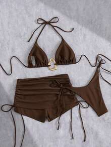 3pcs/Set Summer Sexy Solid Color Ruffled Halter Bikini With Drawin String, Beach Resort Swimsuit With Mesh Skirt - Brown - View 4