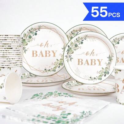 Gold Rim Green Leaf "Oh Baby" Disposable Plates, Napkins, Cups - One-Time Party Set For 10 Guests, Disposable Paper Plates Suitable For Birthday, Wedding, Theme Party, Family Picnic
