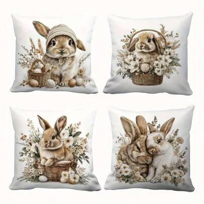 4pcs Easter Personalized Elegant Floral Basket Rabbit Retro Pillow Cover For Sofa Office Garden Corridor Car Game Room Bed Decoration Without Pillow Core