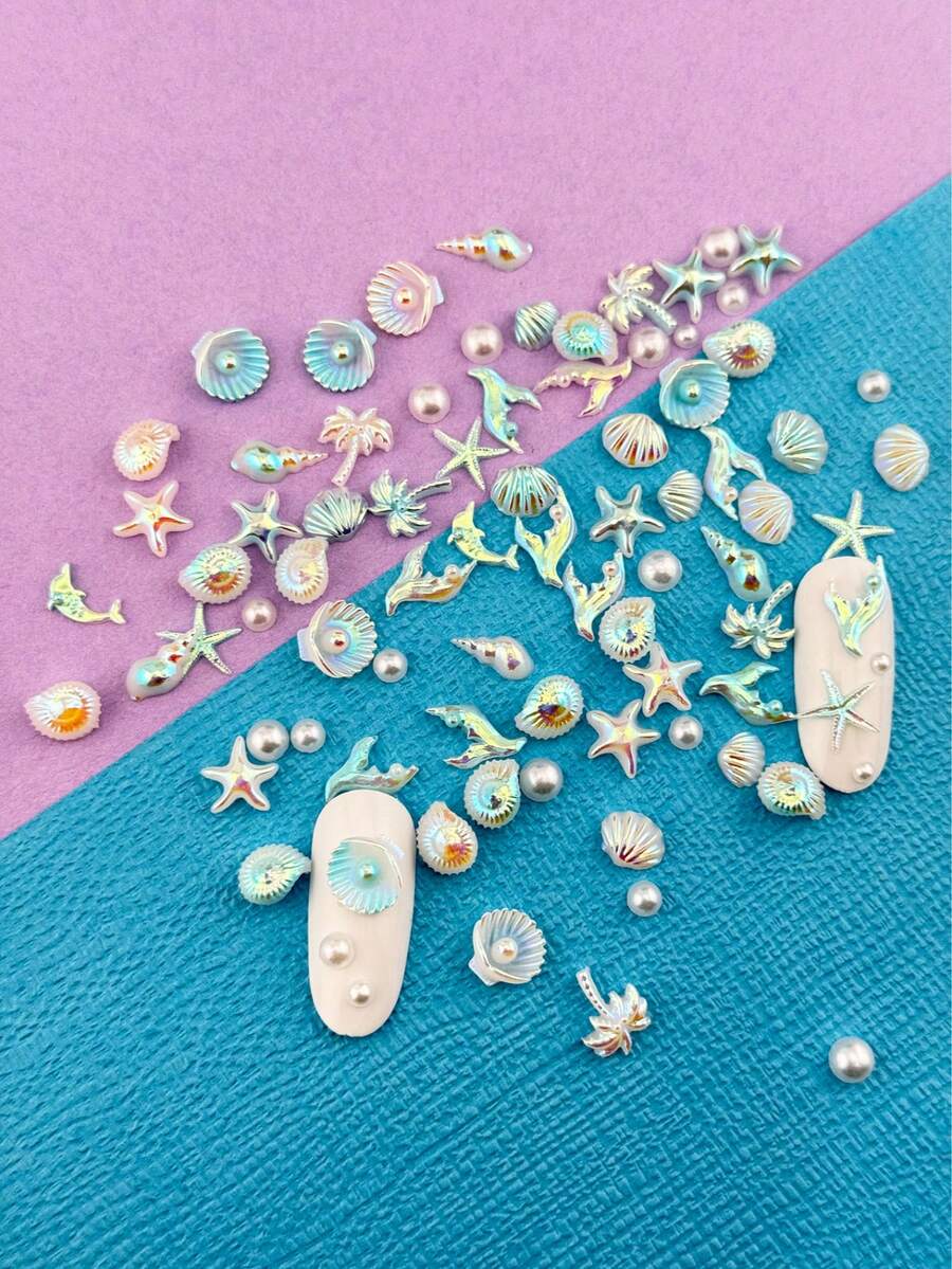 30件/包 AB涂层海洋系列美甲装饰品,贝壳、海星、海豚美甲配件,配人造半圆小珍珠 - 彩色 - 查看 1