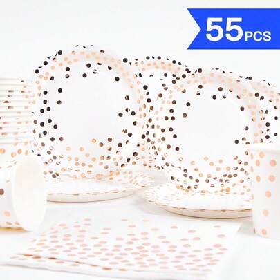 Rose Gold Polka Dot Petal Shaped Disposable Plates, Napkins, Cups - One-Time Party Supplies Set For 10 Guests, Suitable For Birthday, Wedding, Theme Party, Family Picnic